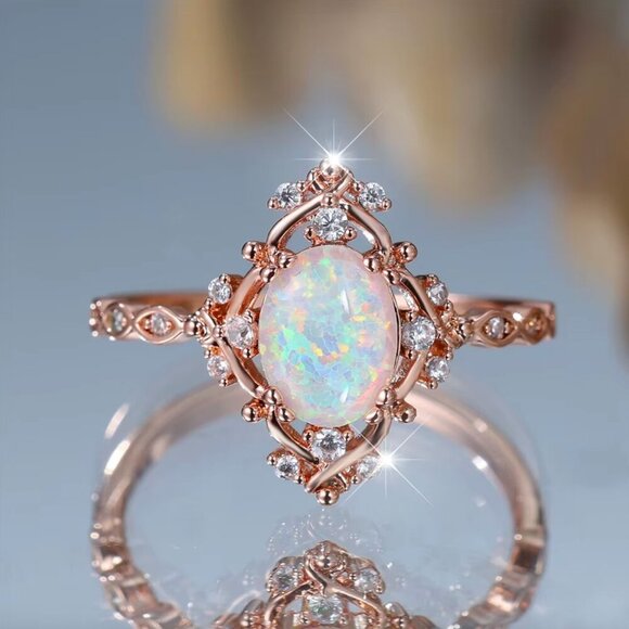 NEW 14k Rose Gold White Opal Ring Dainty Diamond Opal Ring - Picture 2 of 8